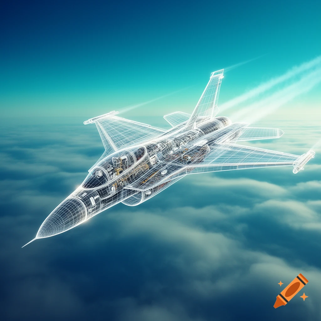 Wireframe blueprint of a jet aircraft flying above clouds in a blue sky, detailed internal components visible.