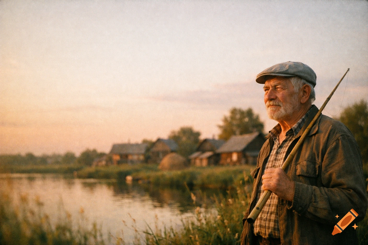 An elderly man in a cap holds a bamboo fishing rod by a serene river with a village in the background at sunset, in a nostalgic, film-like style.
