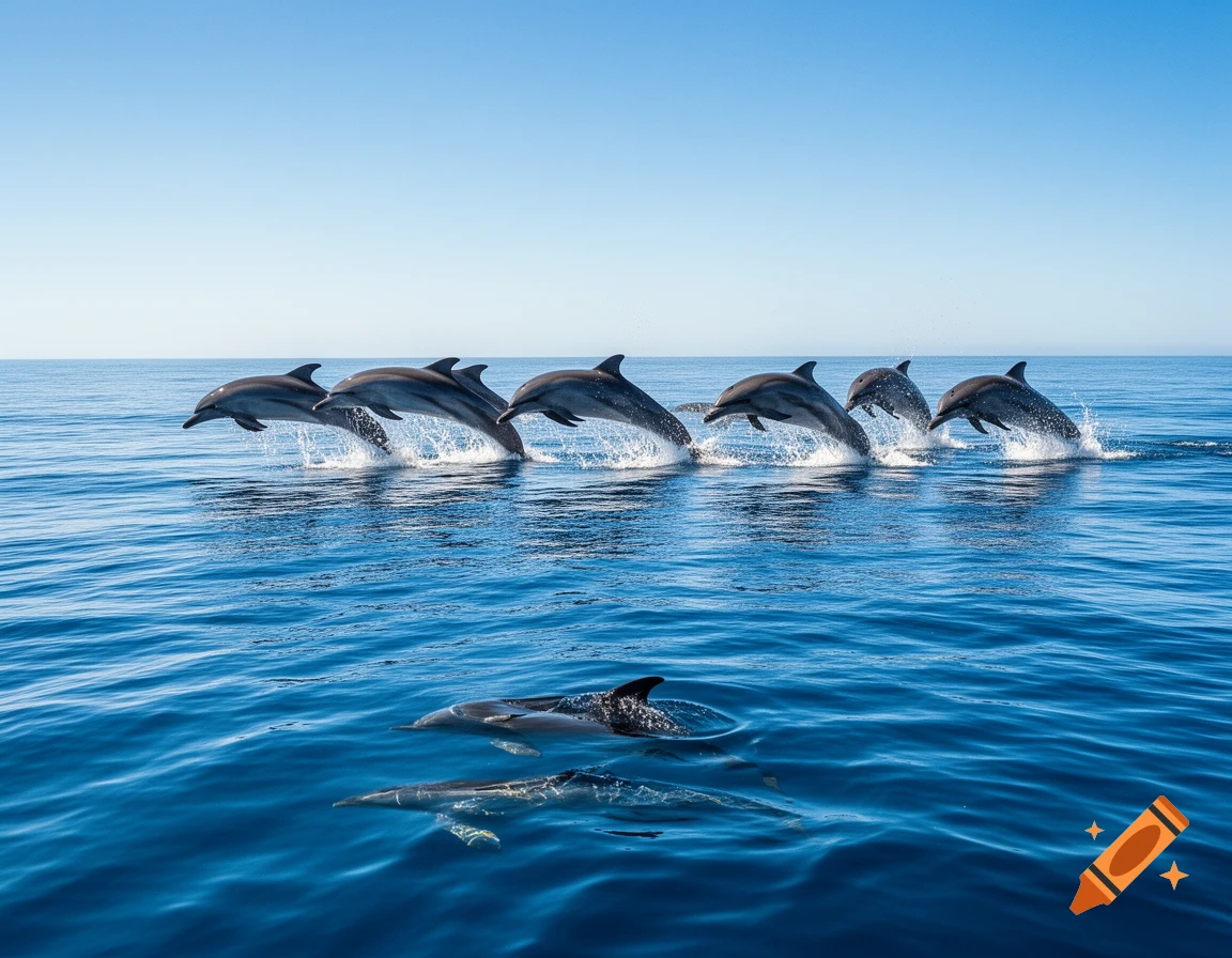 A pod of dolphins leaps out of the clear blue ocean under a bright sky, with others swimming below.