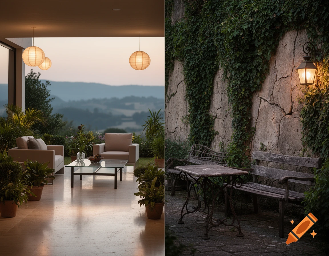 A split image of a modern patio with outdoor furniture and a distant landscape, contrasted with an old ivy-covered stone wall with rustic benches and a lantern.