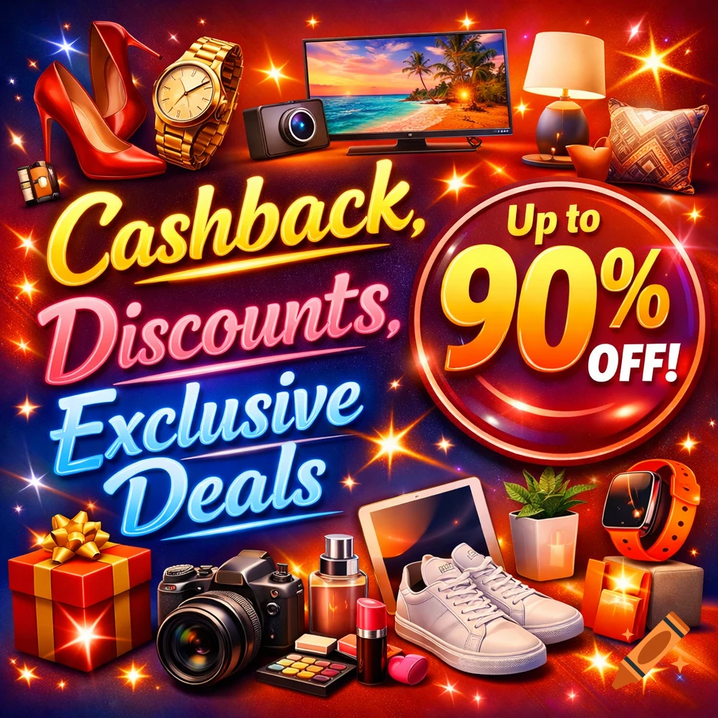 Vibrant shopping ad with products like shoes, watch, camera, TV, and makeup, featuring 'Cashback, Discounts, Exclusive Deals Up to 90% OFF!' text.