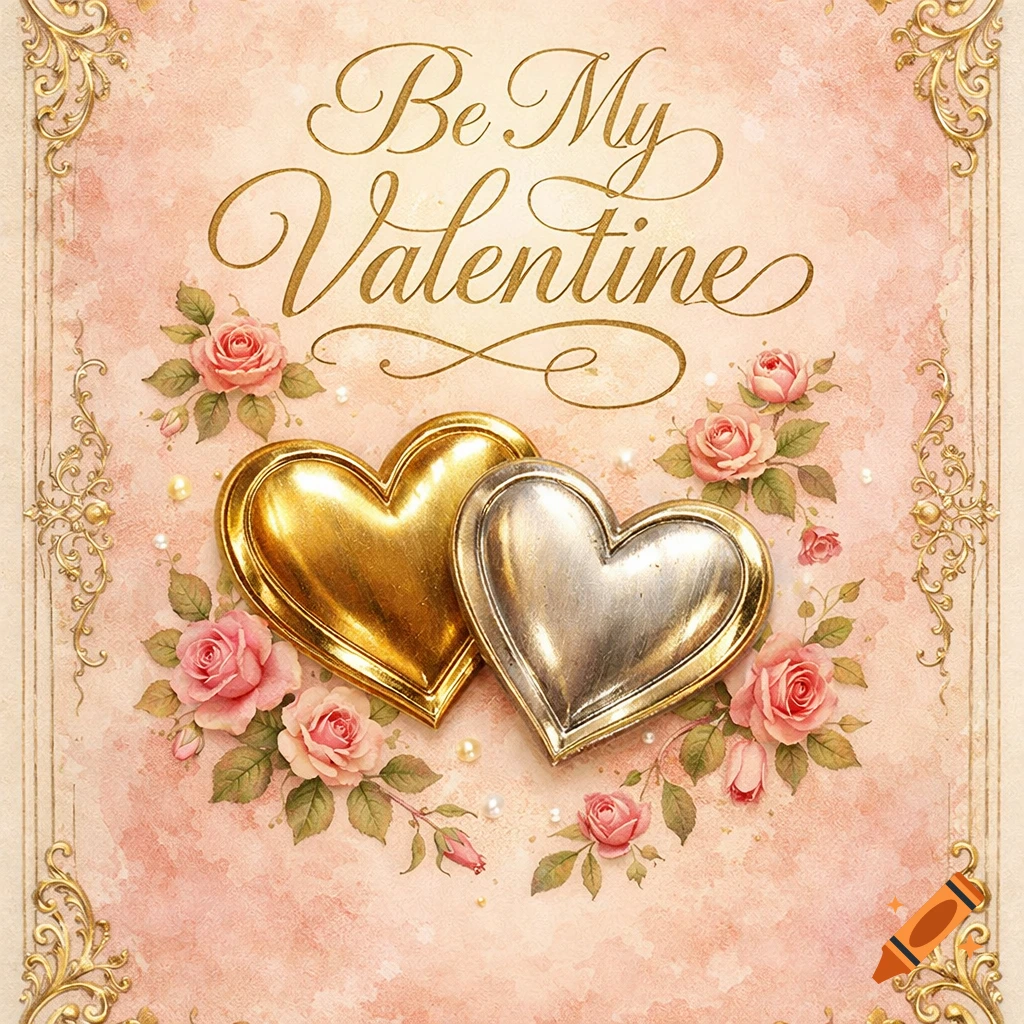 A vintage Valentine's card with "Be My Valentine" script, a gold and silver heart, pink roses, and ornate gold borders on a pink background.