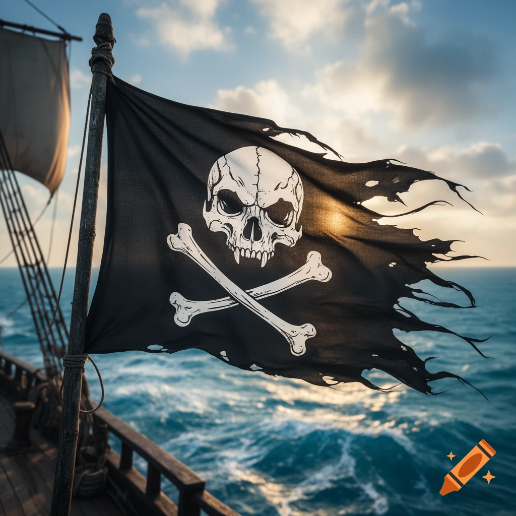 A tattered black pirate flag with a white skull and crossbones waves from a ship's mast over a turbulent ocean at sunset.