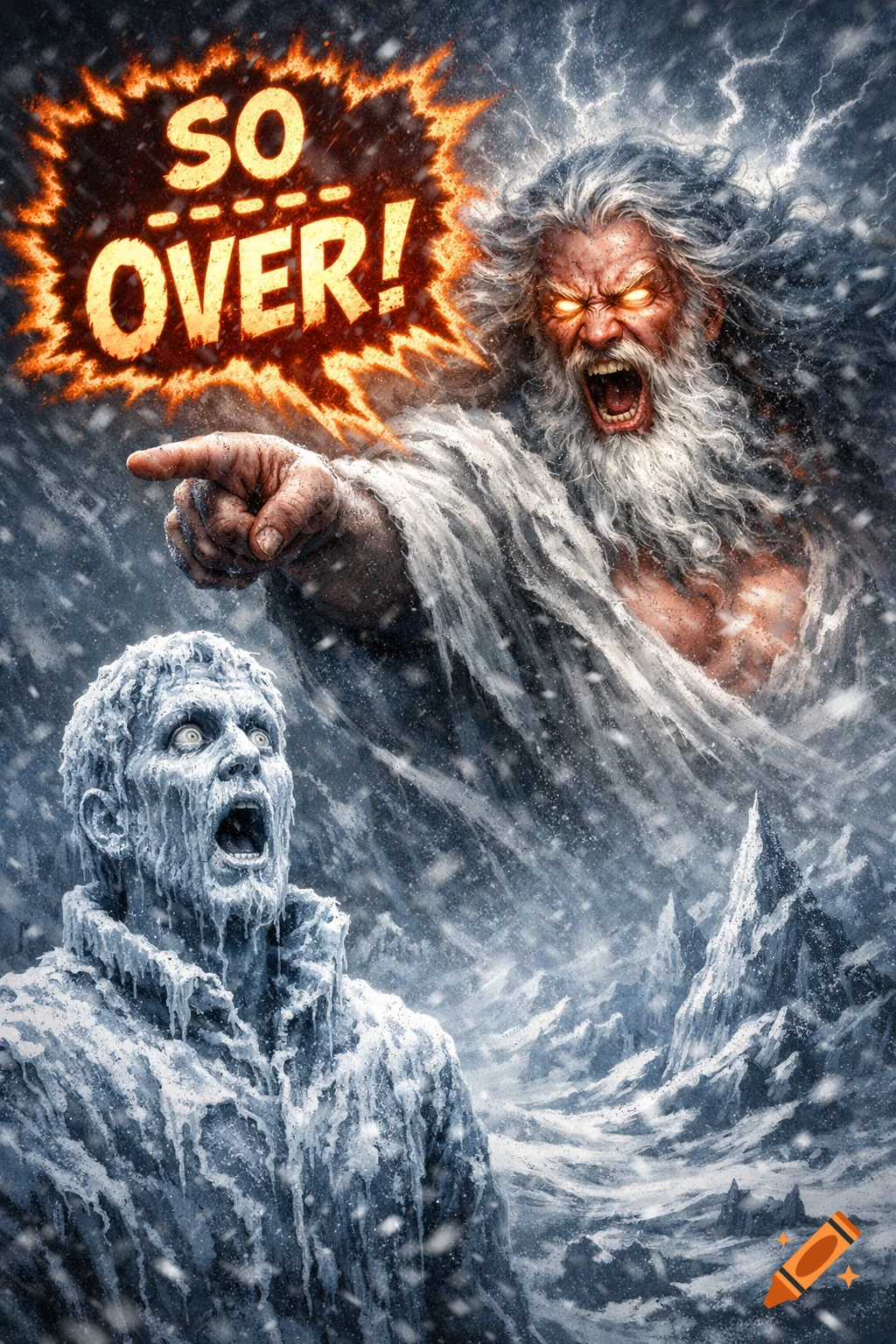 A furious god-like figure shouts "SO OVER!" at a horrified, ice-encased man in a dramatic, snowy wasteland.