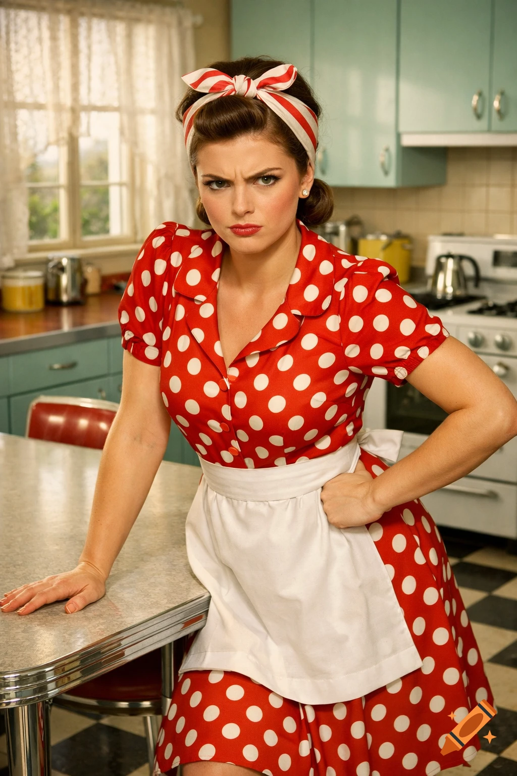 A young woman in a red polka dot dress, white apron, and striped headscarf leans angrily on a kitchen table in a 1950s kitchen.