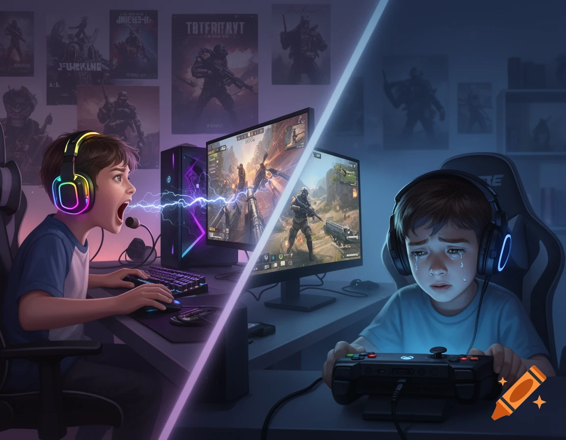 Digital illustration of two boys gaming; one yells into a mic at a PC, the other cries holding an Xbox controller.