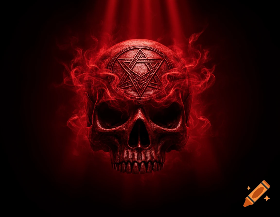 A stylized red skull with an inverted pentagram carved into its forehead, surrounded by red smoke, against a dark background with red light beams.
