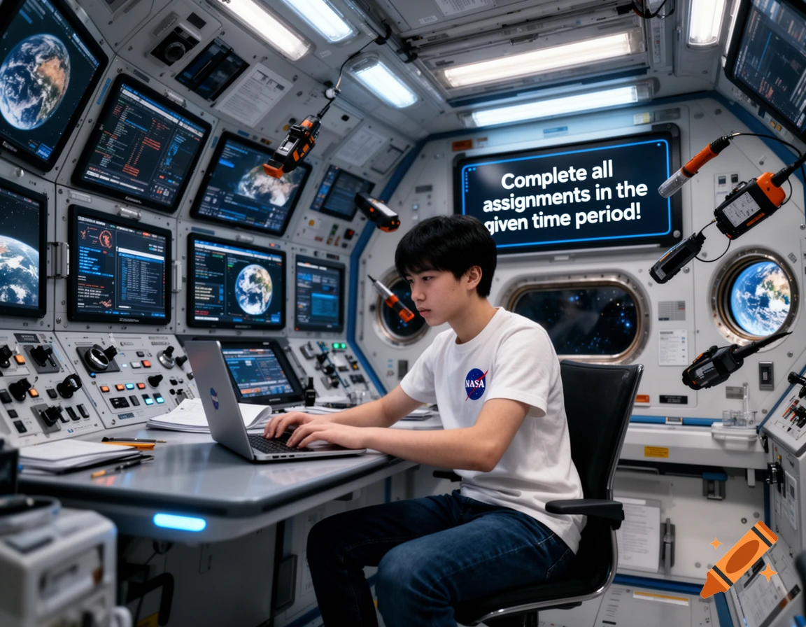 A student works on a laptop in a photorealistic ISS control room ...