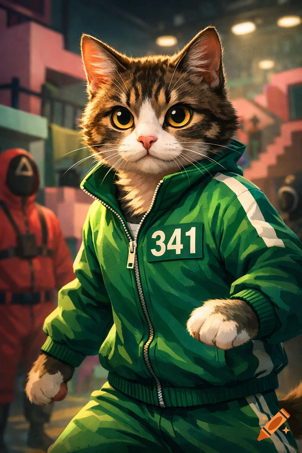 An animated tabby cat in a green Squid Game tracksuit with "341" on it, standing in an urban setting with a blurred red-suited figure in the background.