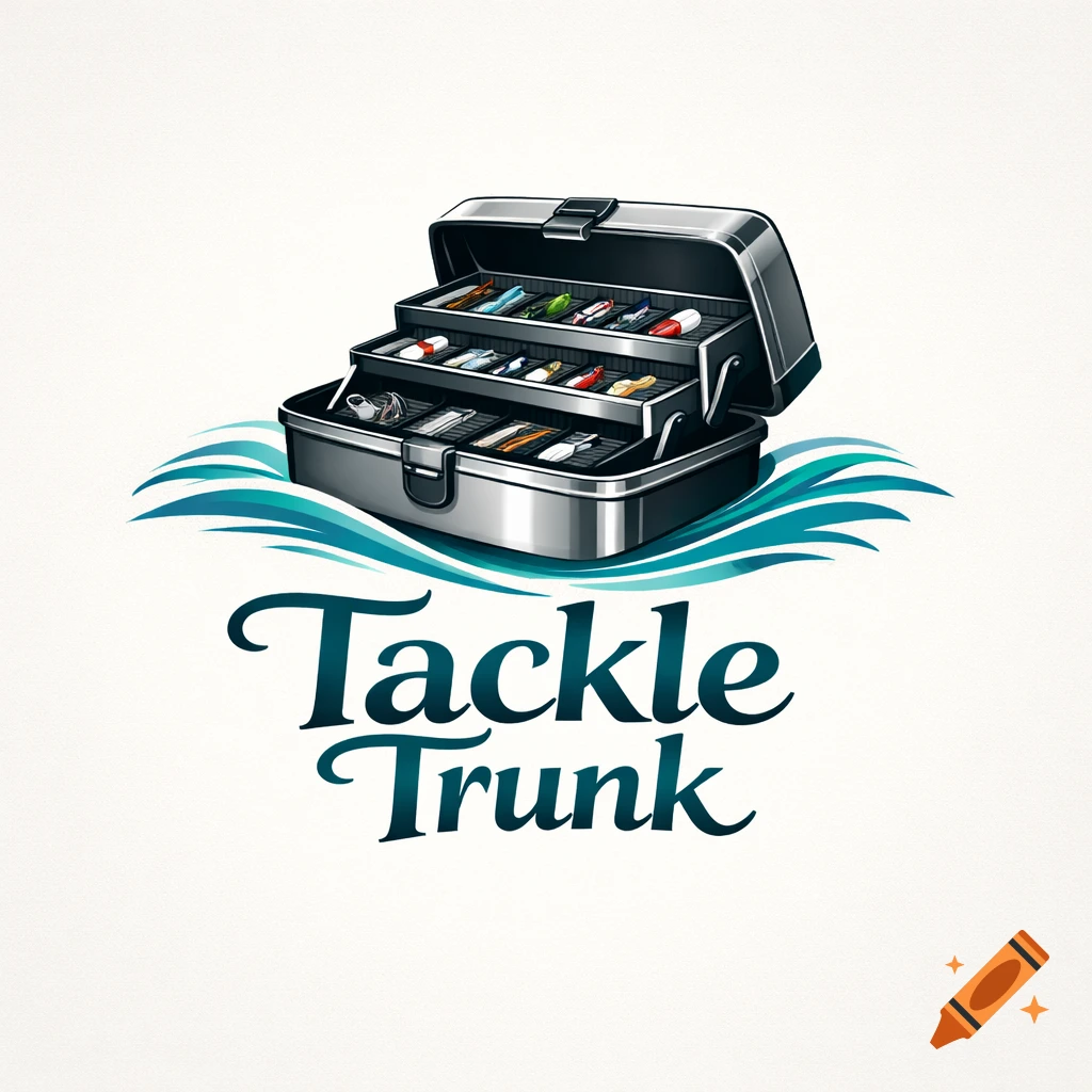 A stylized logo featuring an open tackle box filled with colorful fishing lures, set on blue waves, with the text 'Tackle Trunk' below.