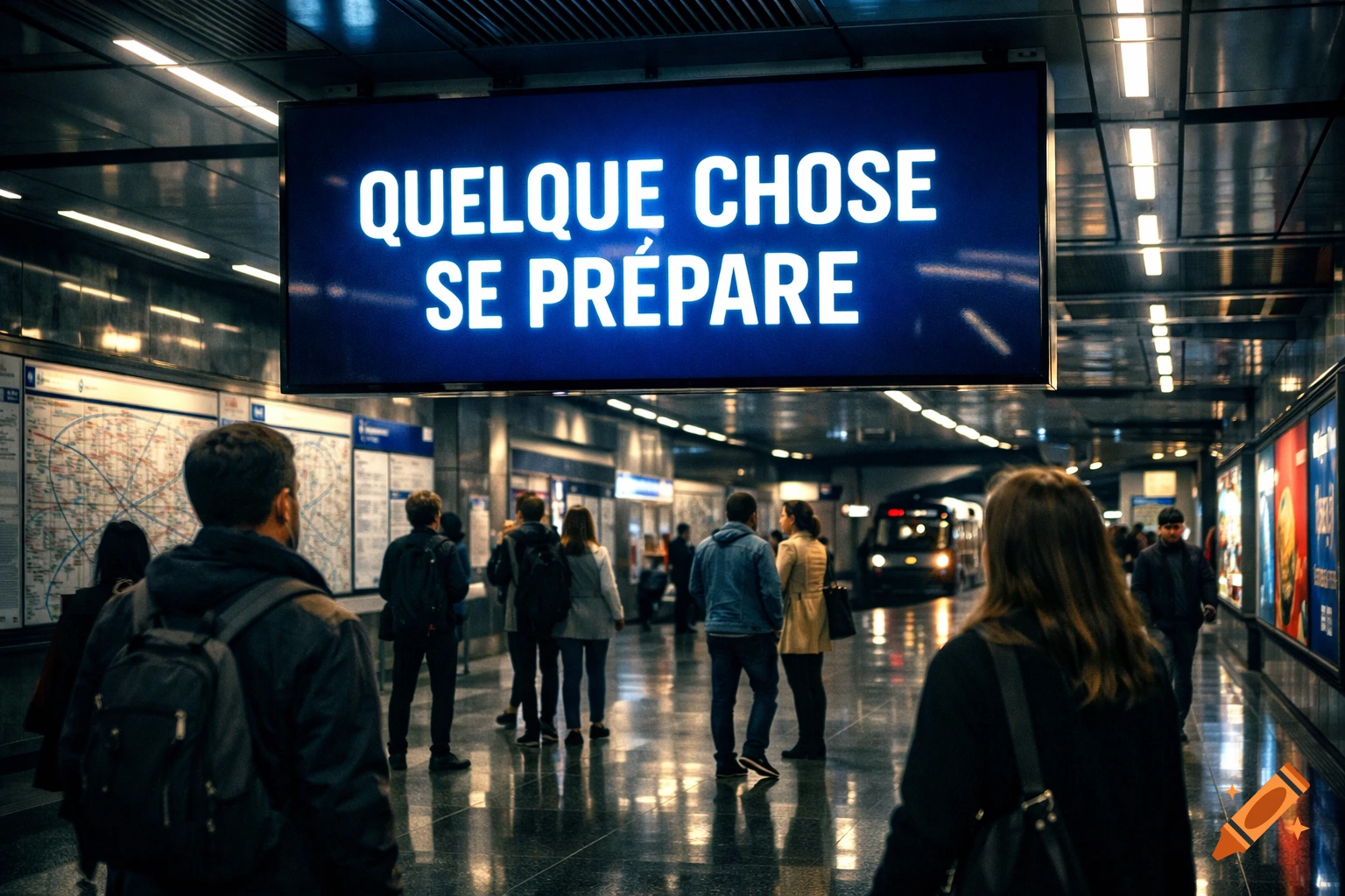 Photorealistic image of people in a modern subway station with a glowing blue sign that reads "QUELQUE CHOSE SE PRÉPARE".
