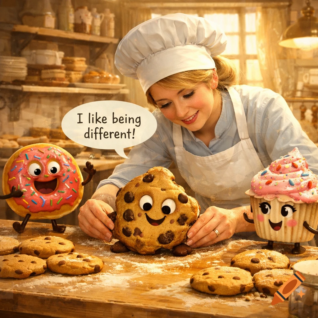 Smiling chef in a whimsical bakery interacting with anthropomorphic donut, cupcake, and cookie. Donut says, 'I like being different!'