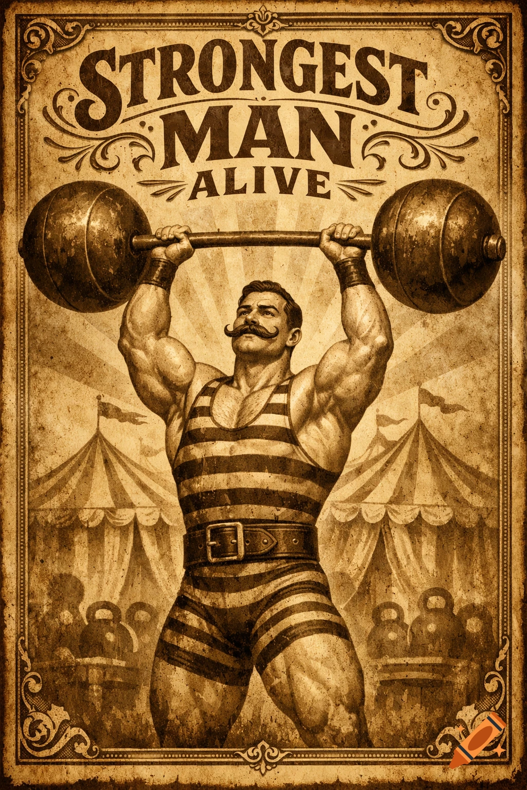 Vintage sepia poster of a muscular strongman in a striped singlet holding a barbell overhead with circus tents in the background.