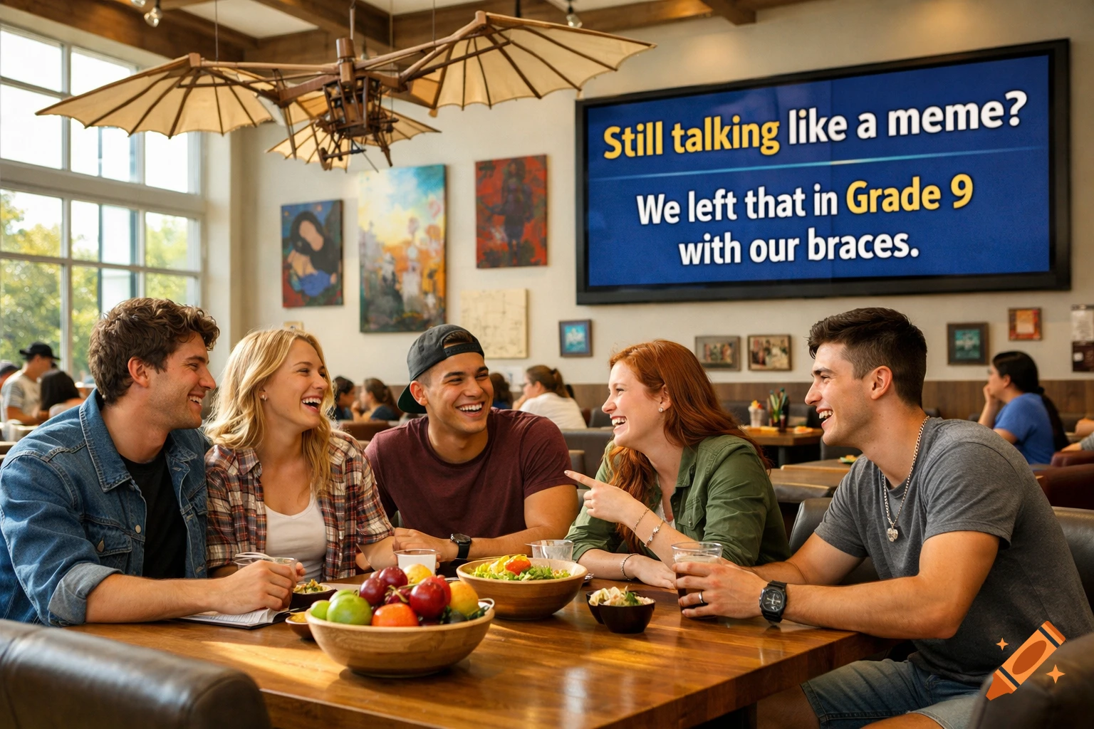 Photorealistic image of five smiling university students laughing at a wooden table in a bright cafeteria with a screen and flying machine model.