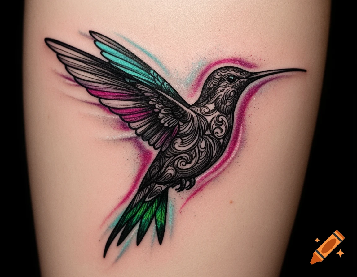 Intricate black line art hummingbird tattoo with pink, teal, and green accents on light skin.