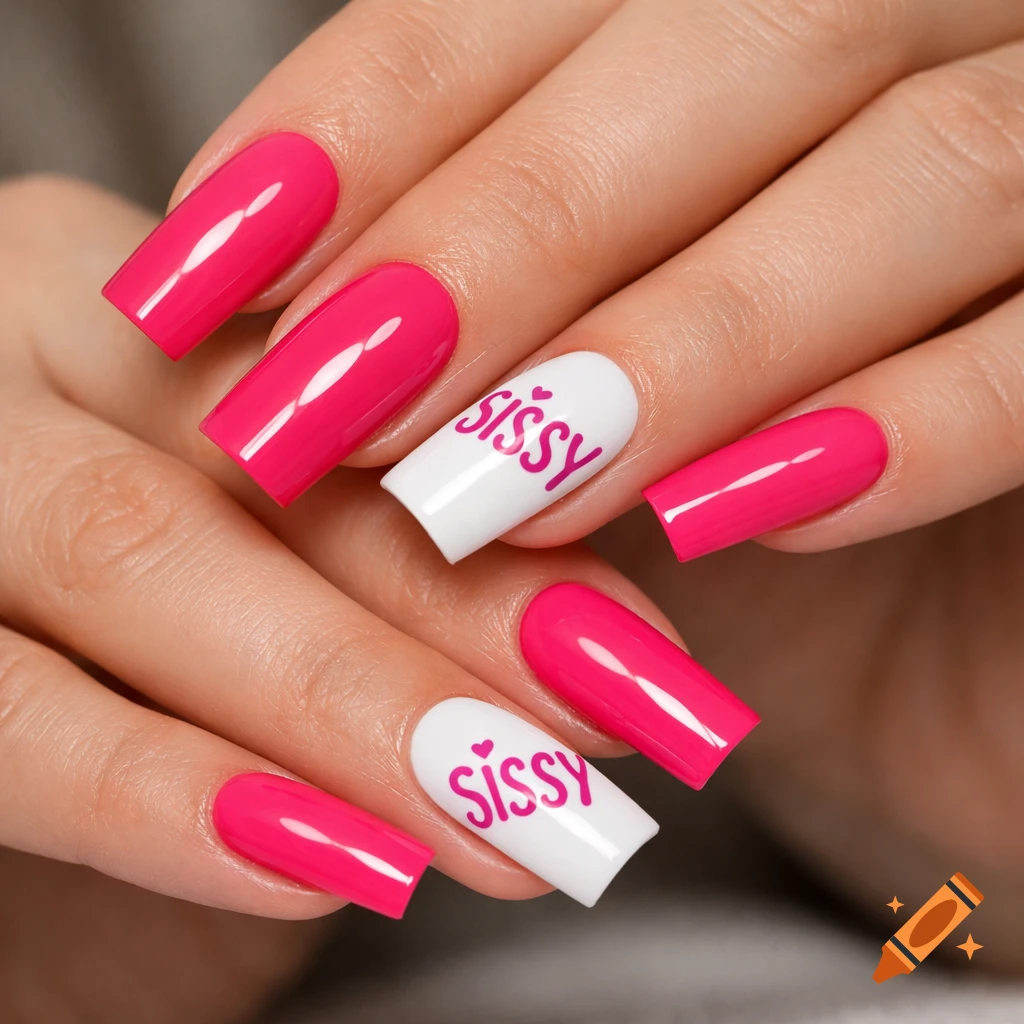 Close-up of female hands with long, square, hot pink false nails. Ring fingers are white with "SISSY" written in pink, 'I' replaced by a heart.