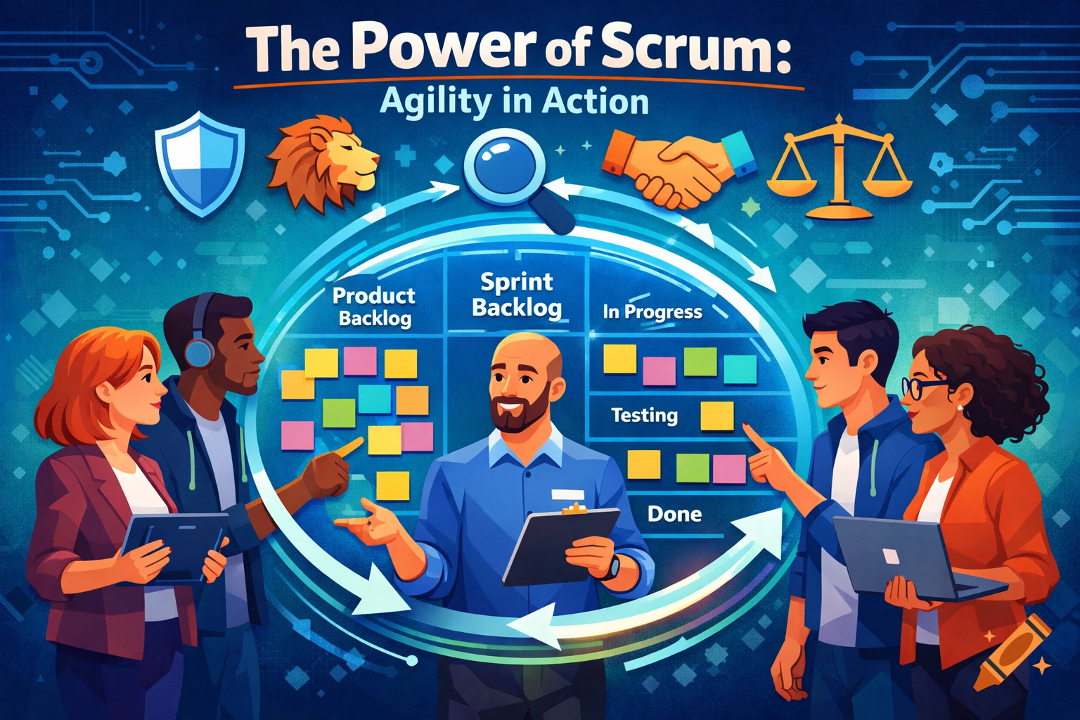 Sleek illustration of diverse team collaborating around a circular Scrum board, with text 'The Power of Scrum: Agility in Action' and icons.