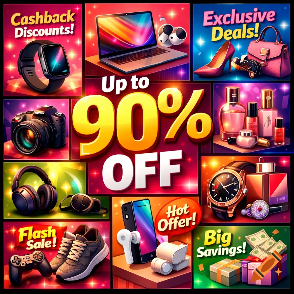 A vibrant ad collage promoting 'Up to 90% OFF' with panels showing a smartwatch, laptop, camera, headphones, shoes, perfumes, and other products.