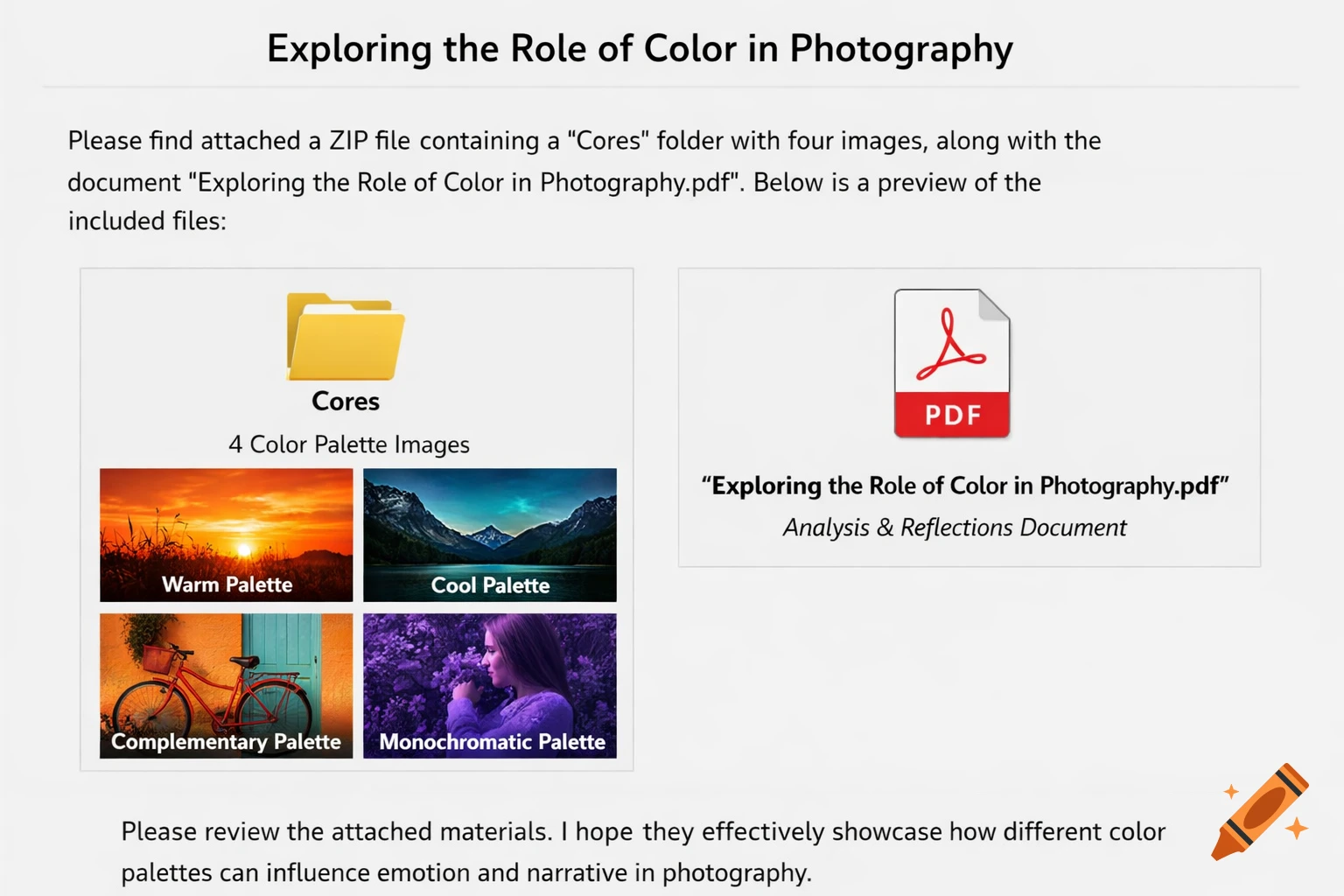 A document preview detailing 'Exploring the Role of Color in Photography,' showing a 'Cores' folder with four color palette images (warm, cool, complementary, monochromatic) and a PDF file.