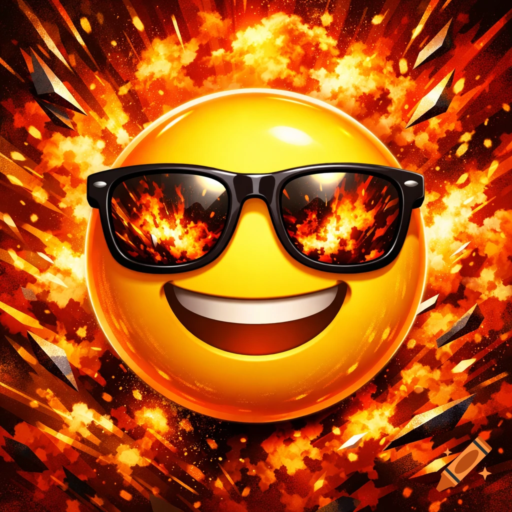 A smiling yellow emoji wearing cool black sunglasses, with fiery orange and red explosions bursting behind it.