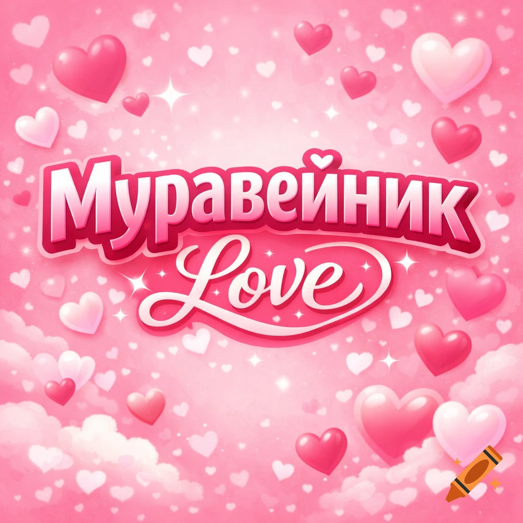 Pink background with numerous hearts, sparkling accents, and the words 'Муравейник Love' in stylized text.