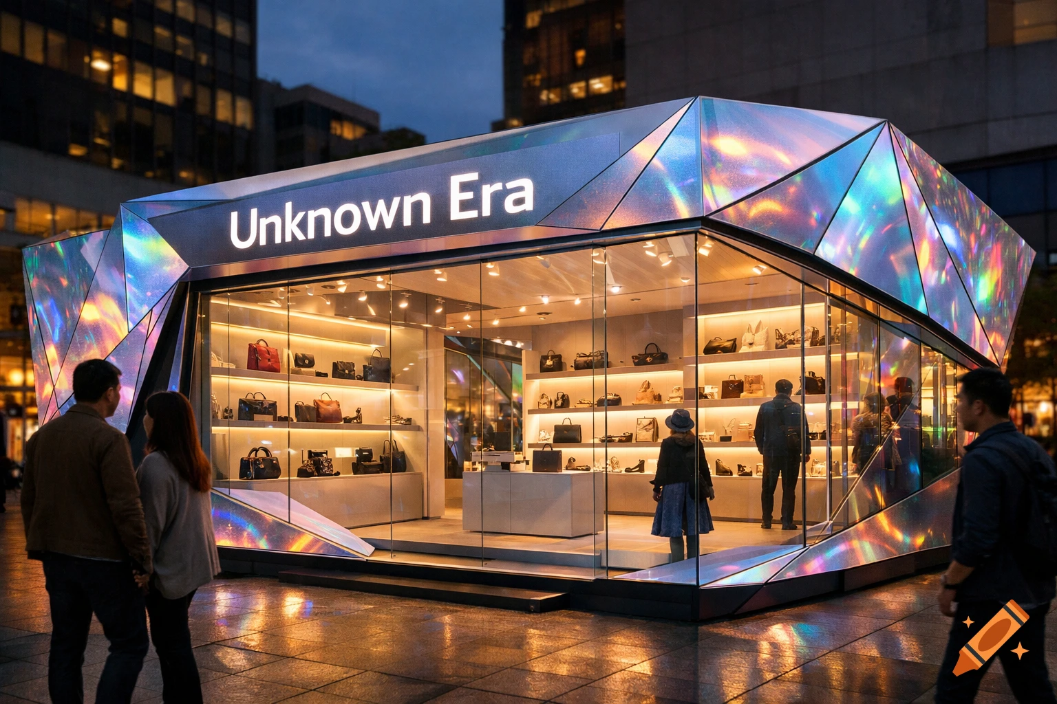 A modern, geometric pop-up store named "Unknown Era" glows with iridescent panels on a city street at dusk, displaying handbags inside while people walk past.