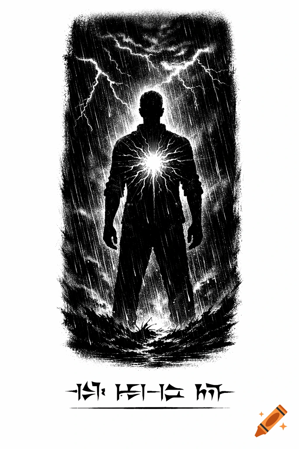 Black and white silhouette of a man in a stormy rain, lightning striking around him, with a bright, glowing core in his chest. Blackwork tattoo style.