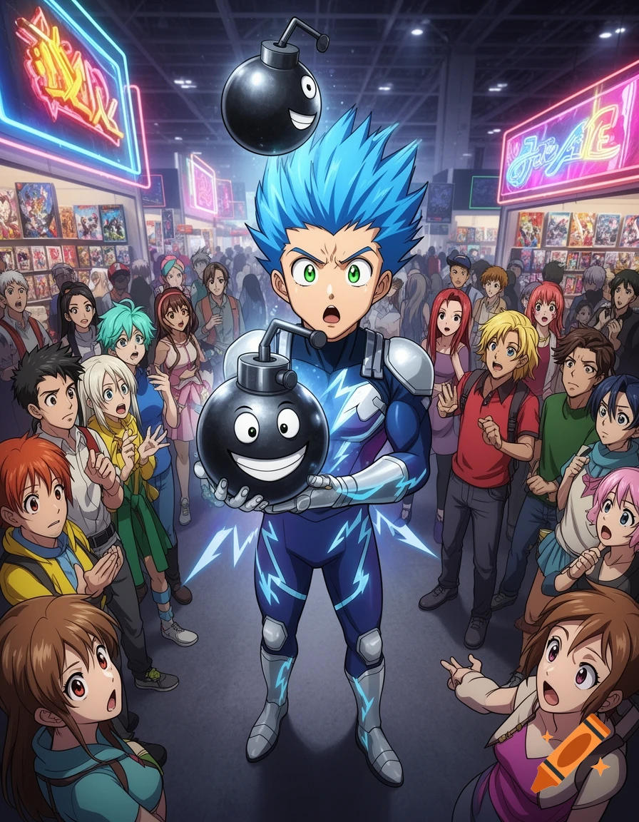 An anime character with blue spiky hair and a blue superhero suit holds a bomb with a happy face, while another bomb floats above his head. He stands in a crowded anime convention with neon signs, surrounded by surprised onlookers.