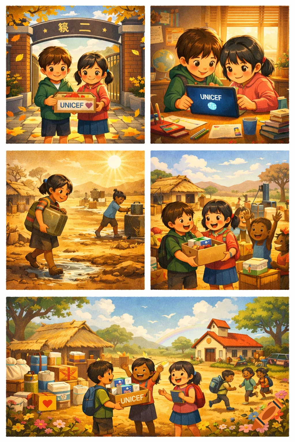 Anime-style children fundraising for UNICEF, learning about global issues, and delivering aid to communities, depicting school and aid scenes.