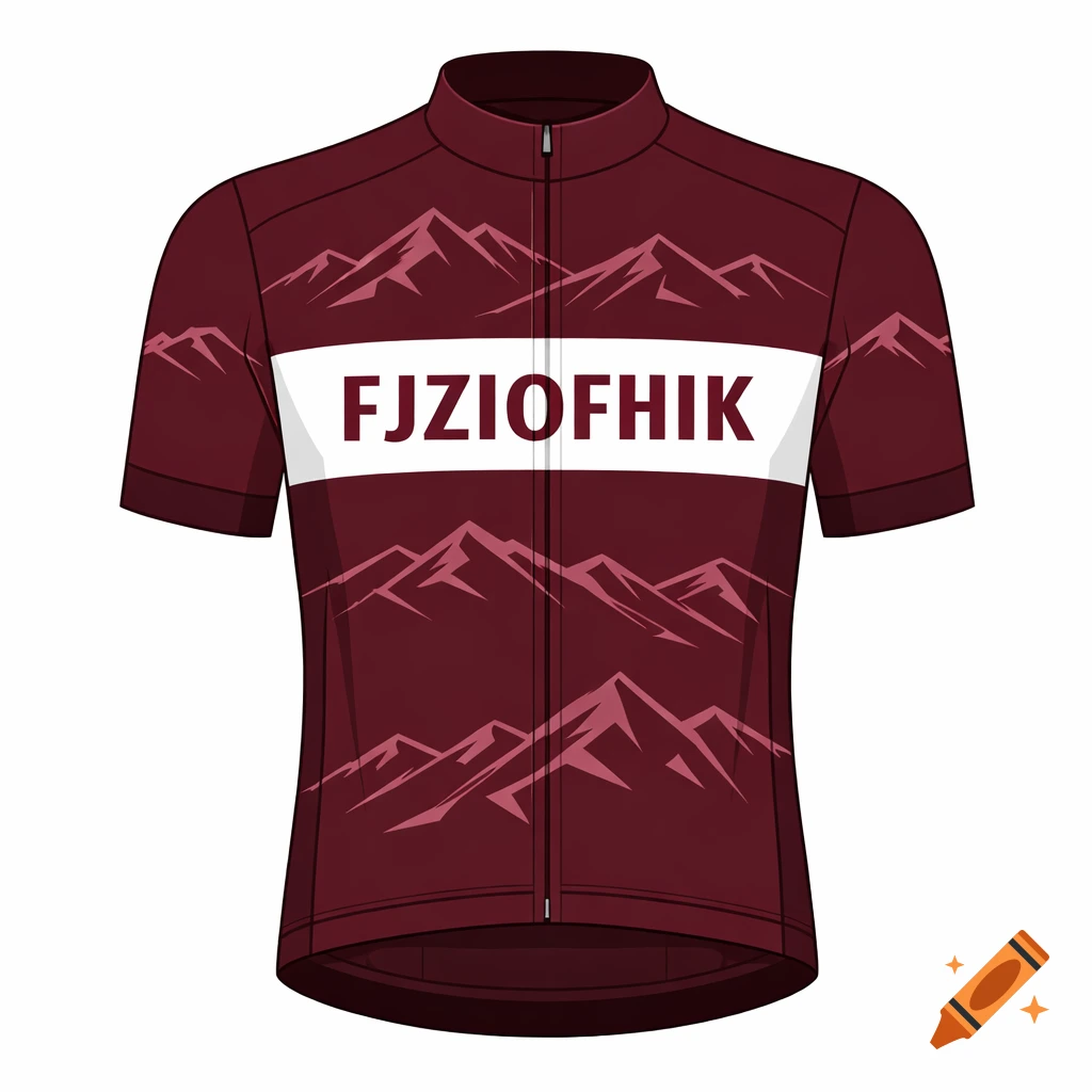 A burgundy cycling jersey with a white horizontal stripe featuring "FJZIOFHIK" text, and stylized pink mountains.