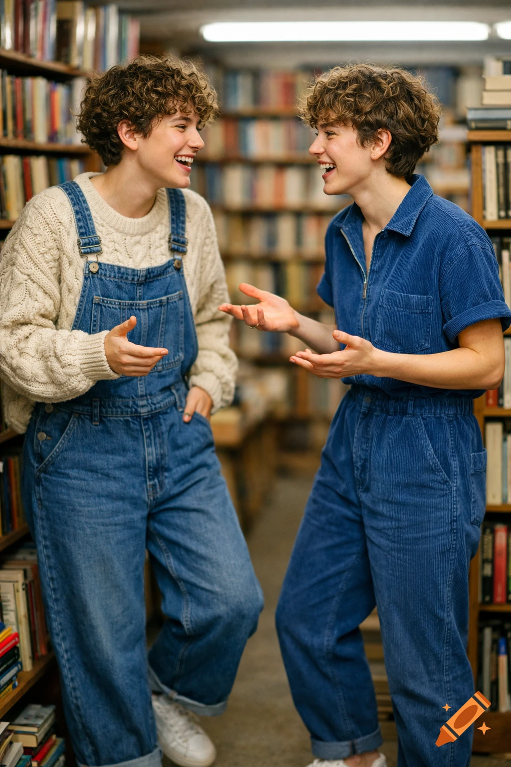 Two smiling young adults with curly hair in a bookstore. One wears denim overalls, the other a blue corduroy jumpsuit.