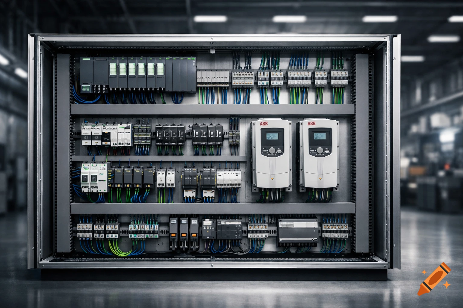 Photorealistic industrial electrical control cabinet with Siemens, Schneider Electric, and ABB components, meticulously organized.