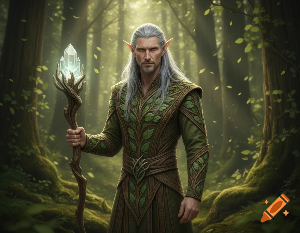A serious male high elf with long grey hair and pointed ears, dressed in leaf-patterned green robes, stands in a mystical forest, holding a glowing crystal staff.