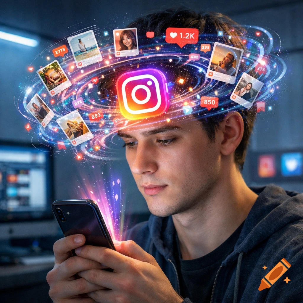 Young man looking at his phone, with a glowing Instagram logo and swirling social media posts with likes around his head, a conceptual image.