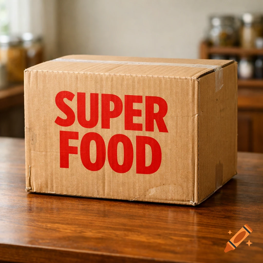 A close-up photorealistic shot of a brown cardboard box with 'SUPER FOOD' in bold red letters on a wooden table.