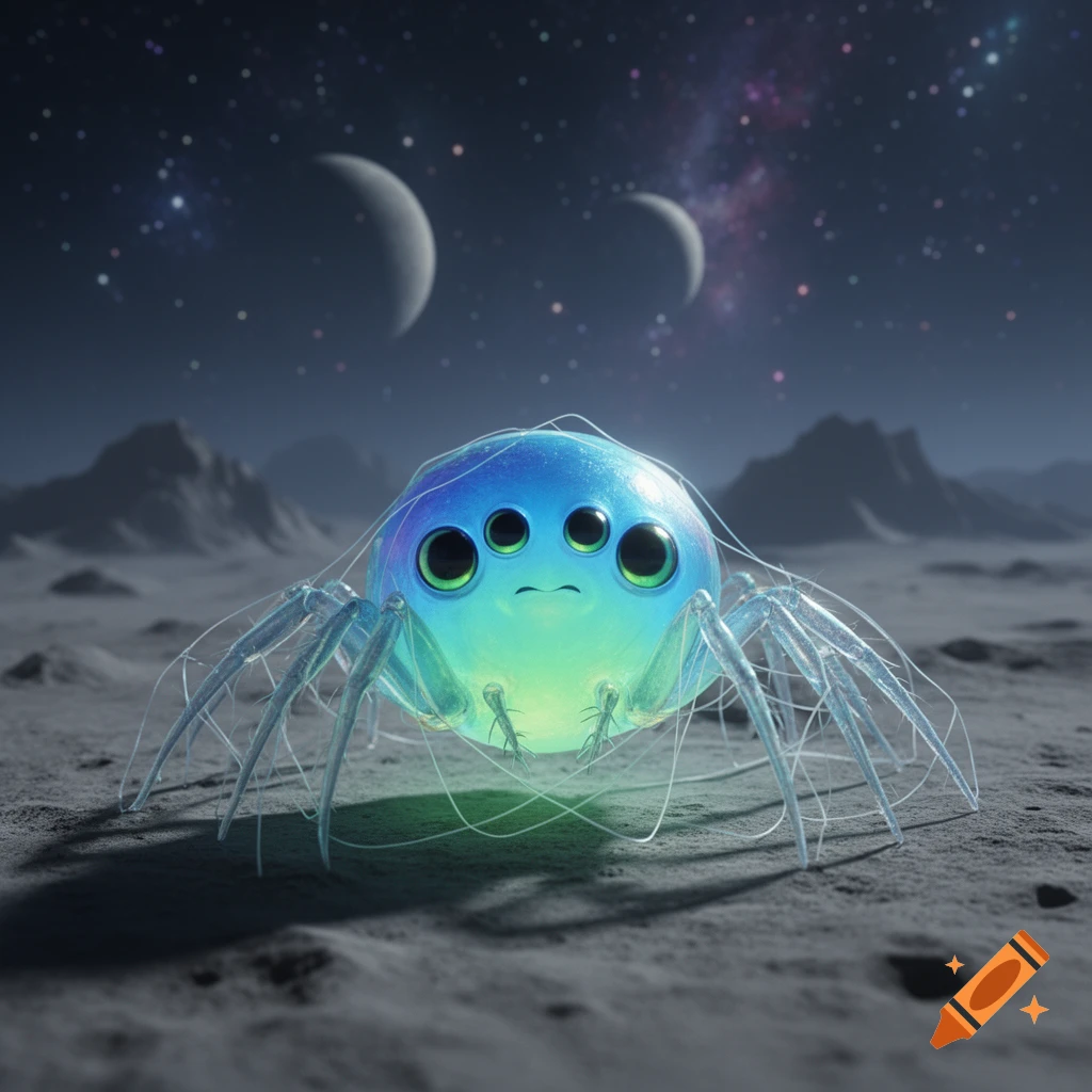 A cute, spherical, blue and green alien creature with multiple eyes and translucent spider-like legs stands on a moon-like surface under a starry cosmic sky with two large moons.