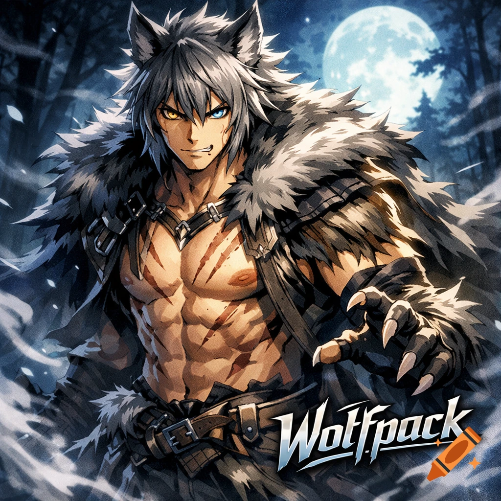 Anime-style wolf-man with grey fur, heterochromia, scars, and claws, in a dark forest under a full moon. Text 'Wolfpack'.