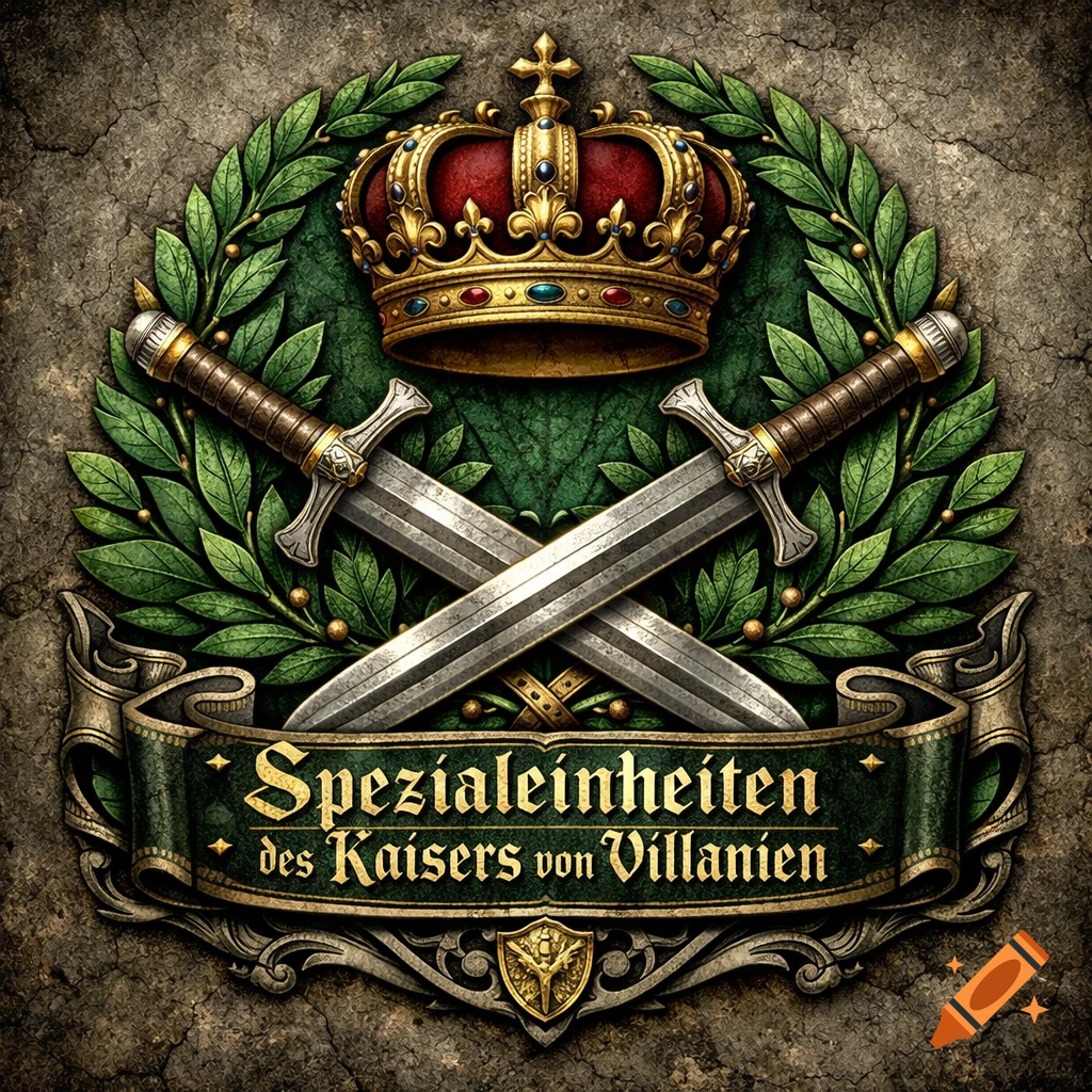 An ornate medieval emblem with a golden crown, crossed swords, laurel wreath, and a banner with German text on stone.
