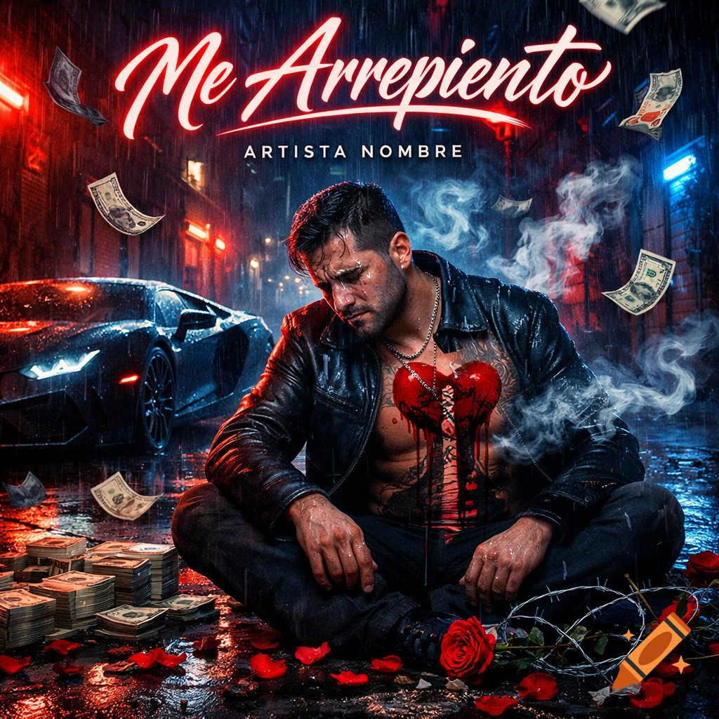 Dramatic album cover showing a man with a bleeding heart sitting on a rainy street with money and a Lamborghini, neon red and blue lights.