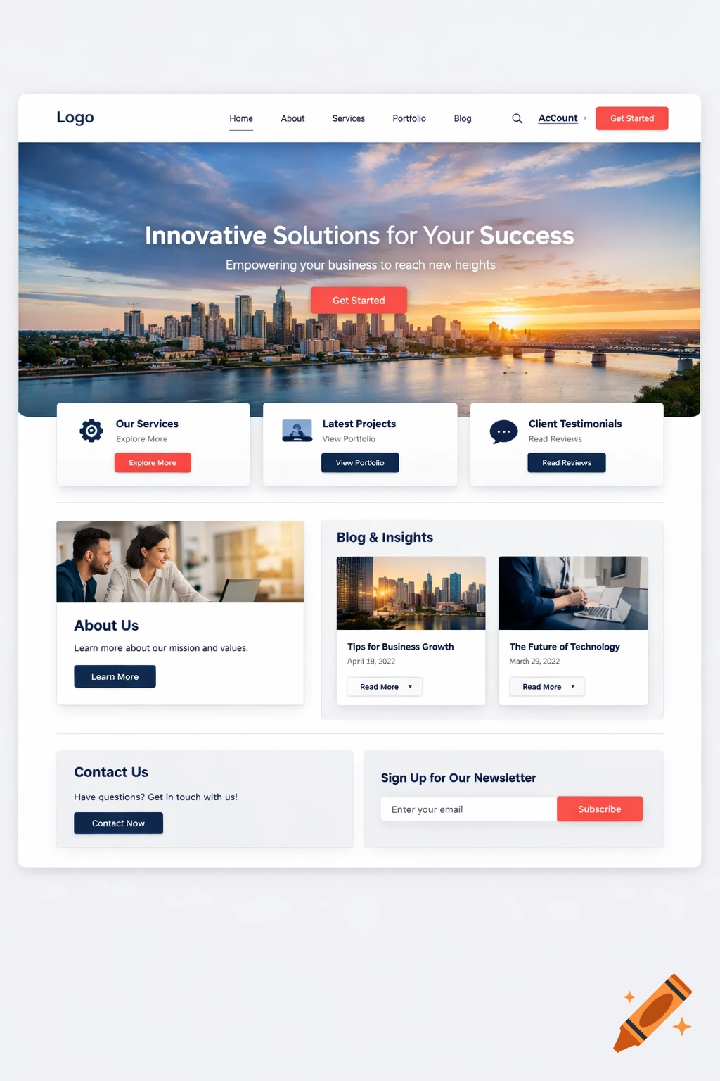 A modern, professional website interface displaying sections for services, projects, blog, and contact information, with a city skyline header.