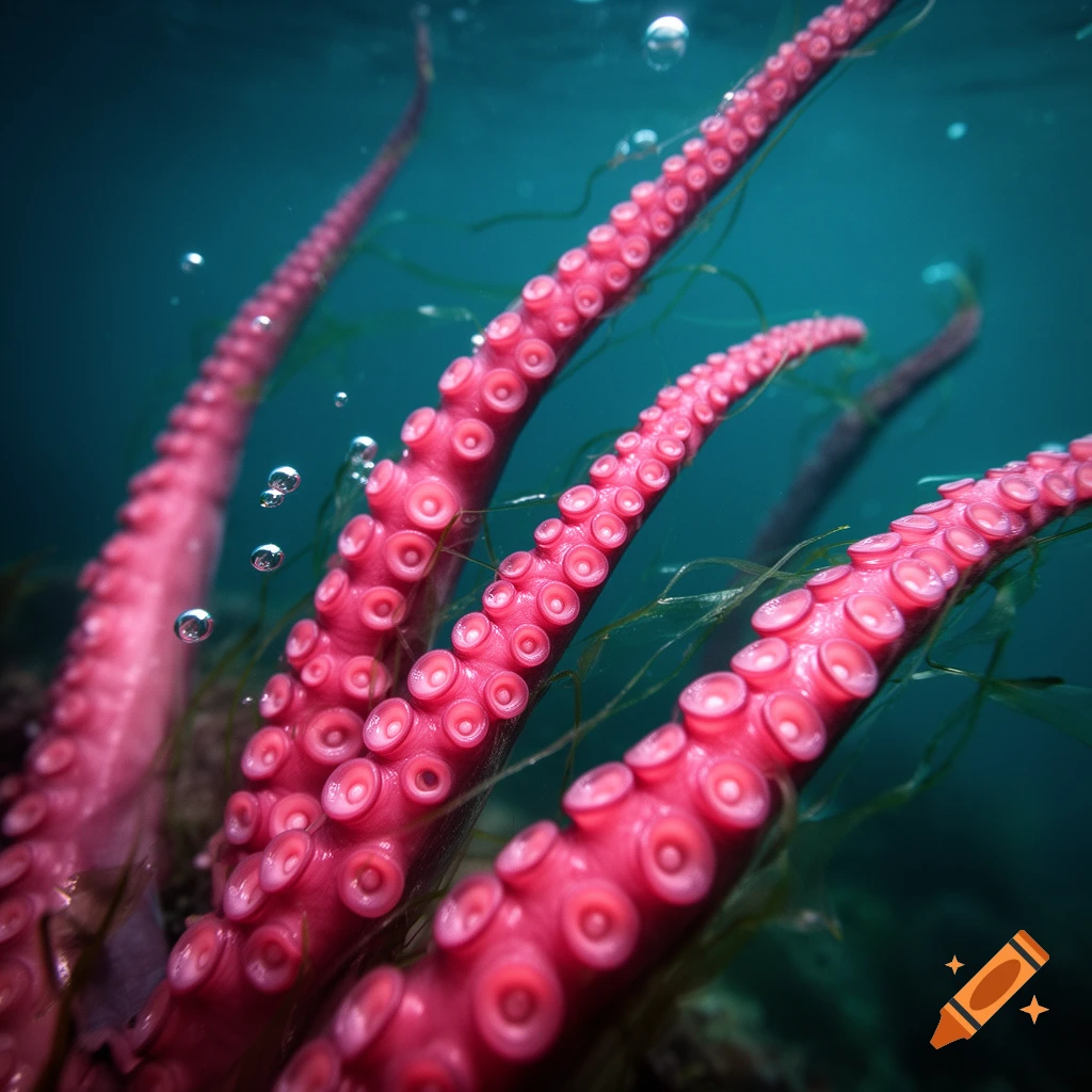 Close-up underwater view of vibrant pink octopus tentacles with suckers, surrounded by bubbles and green seaweed.