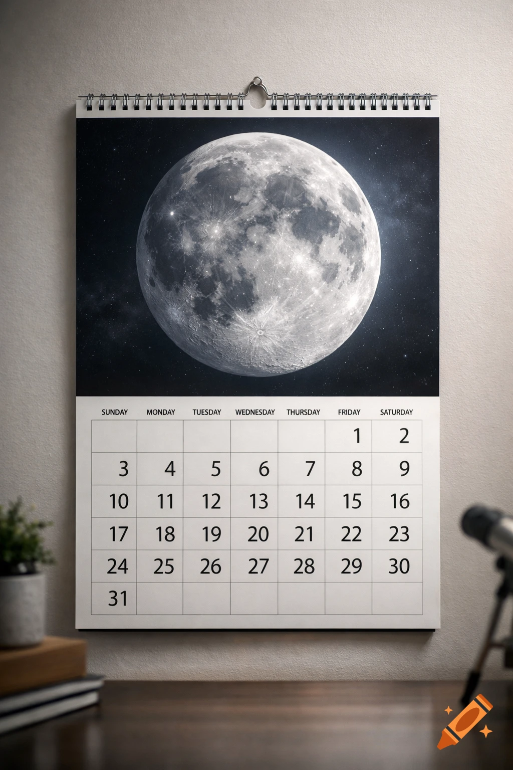 A photorealistic desk calendar hangs on a wall, featuring a full moon above dates and weekdays. A plant and telescope are on the desk.
