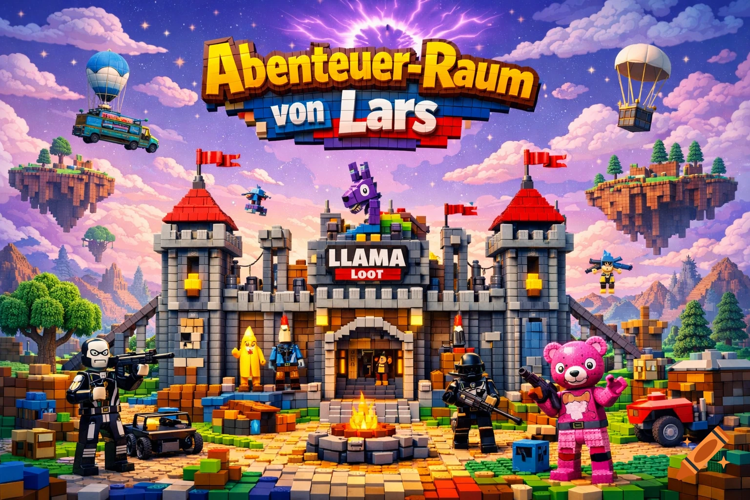 Lego Fortnite landscape with a castle, floating islands, characters, and text "Abenteuer-Raum von Lars" and "LLAMA LOOT".