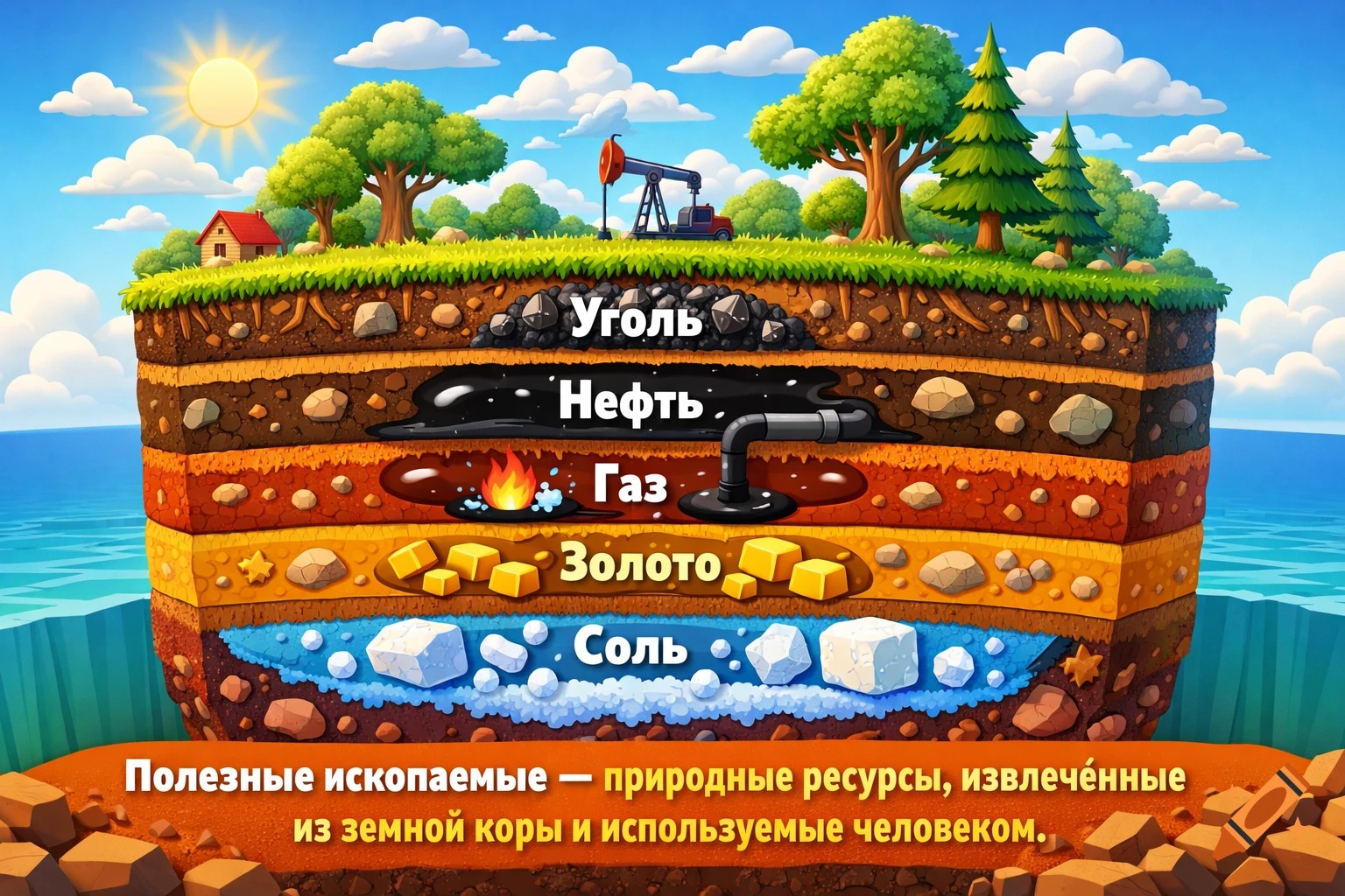 Cartoon illustration of Earth's cross-section showing layers of soil and underground resources like coal, oil, gas, gold, and salt.