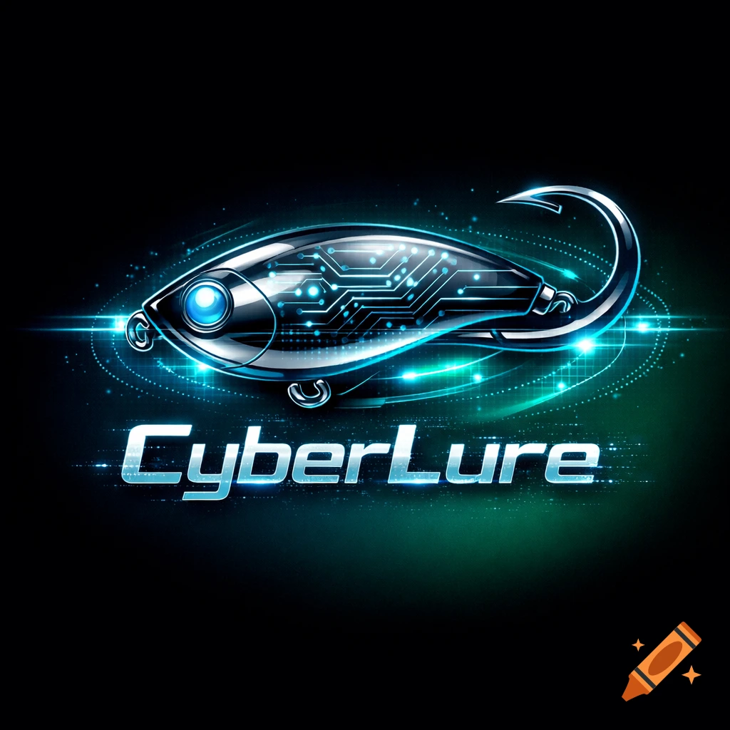 A futuristic, glowing metallic fishing lure logo with circuit patterns and the word CyberLure in neon blue text.
