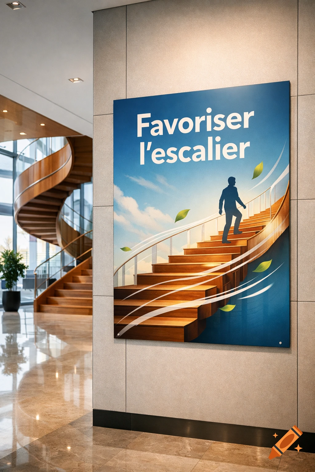 A poster in a modern office promoting using stairs, showing a silhouette climbing steps towards a bright sky. A spiral staircase is in the background.