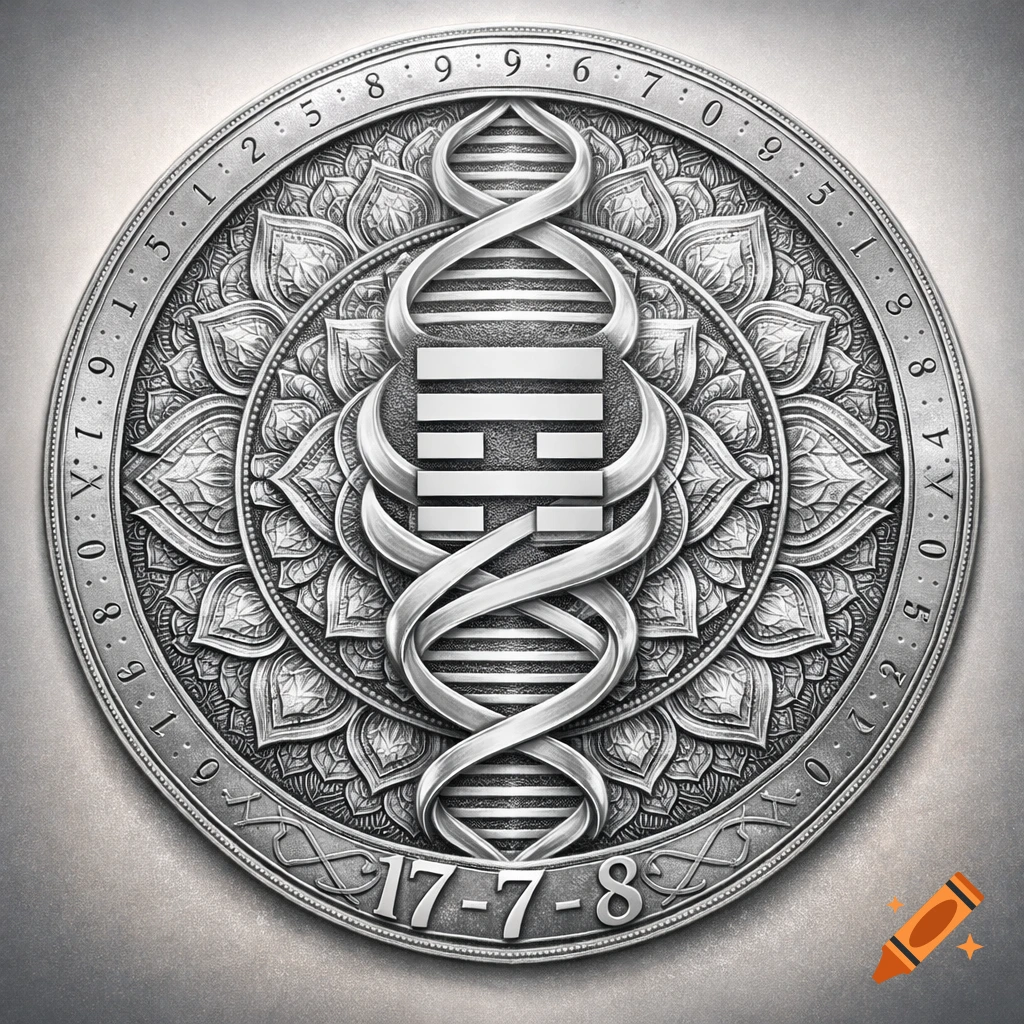 A photorealistic silver circular mandala features Hexagram 17 over a DNA double helix. The outer ring is engraved with various numbers, including '17-7-8' at the bottom, all in metal tones.