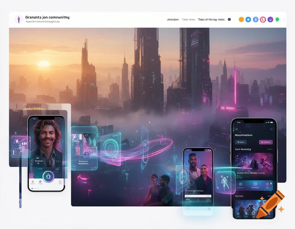 A futuristic cityscape at sunset with glowing neon accents. Several smartphones displaying app interfaces float in the foreground, showing diverse people and data streams.