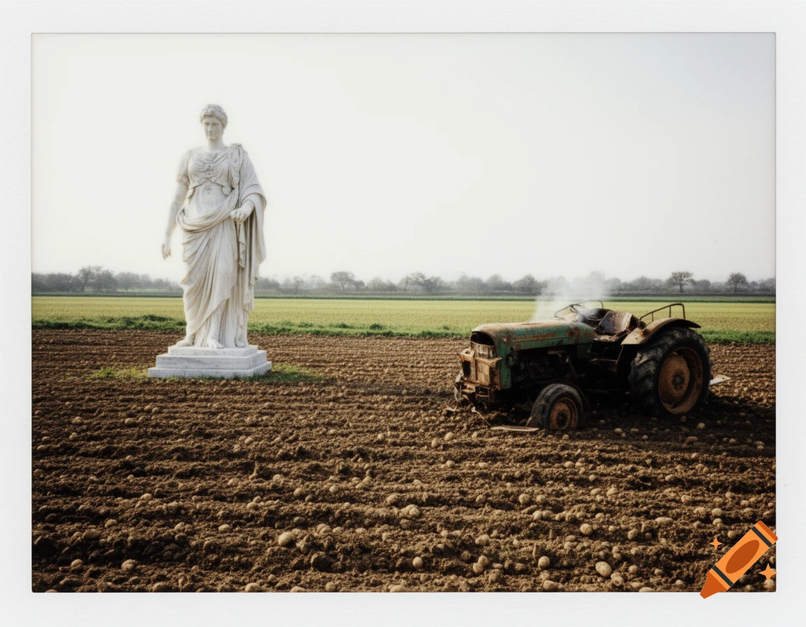 A classical marble statue stands in a tilled potato field next to a rusty, broken tractor, rendered in an instant film style.