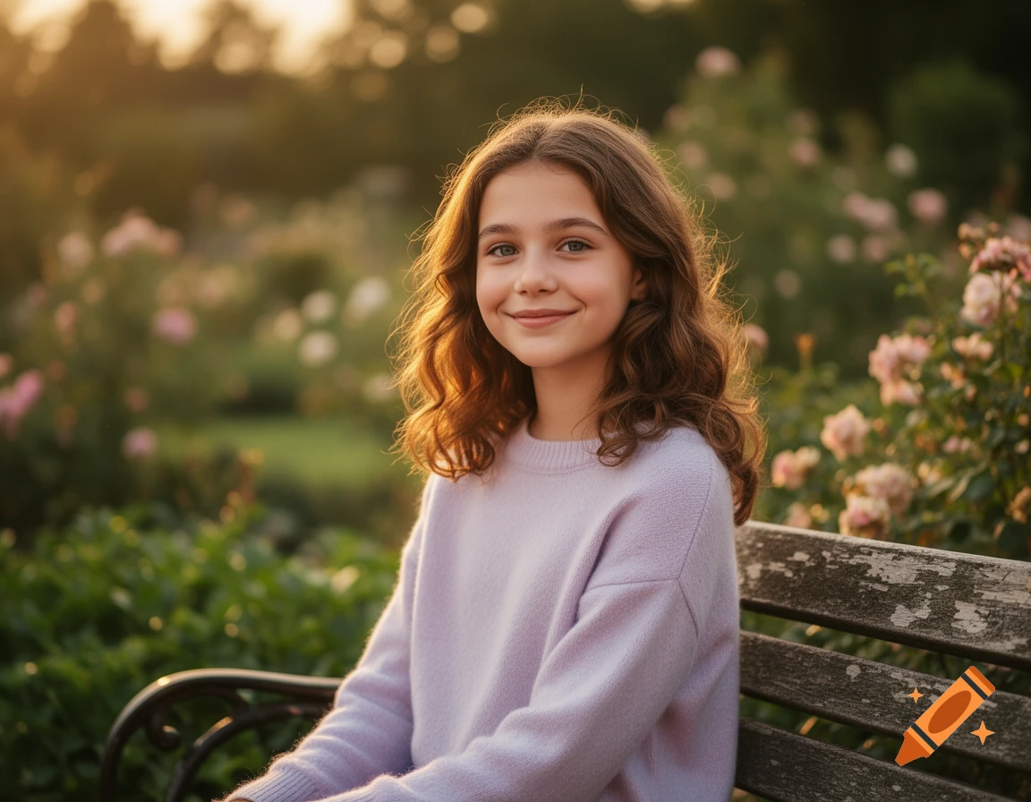 A young girl with long brown hair smiles warmly while sitting on a park ...